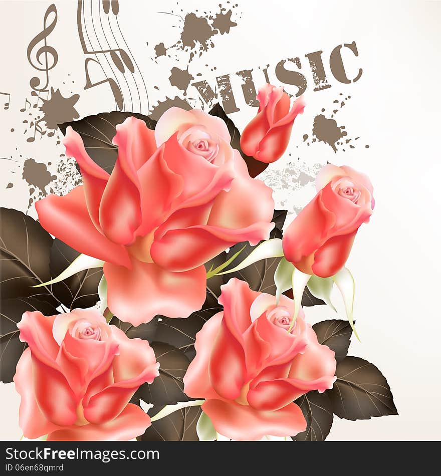 Vector pink roses with notes in grunge style for design. Vector pink roses with notes in grunge style for design