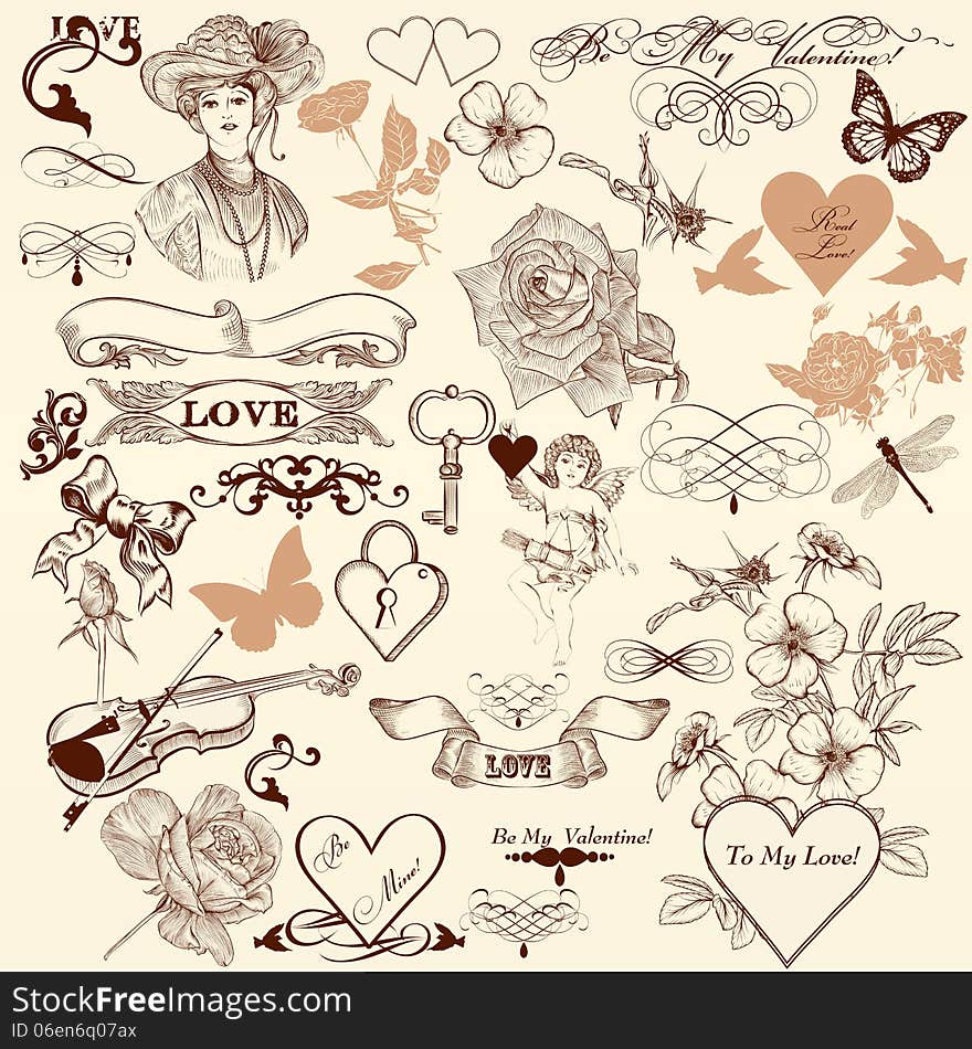 Collection of  decorative elements in vintage style