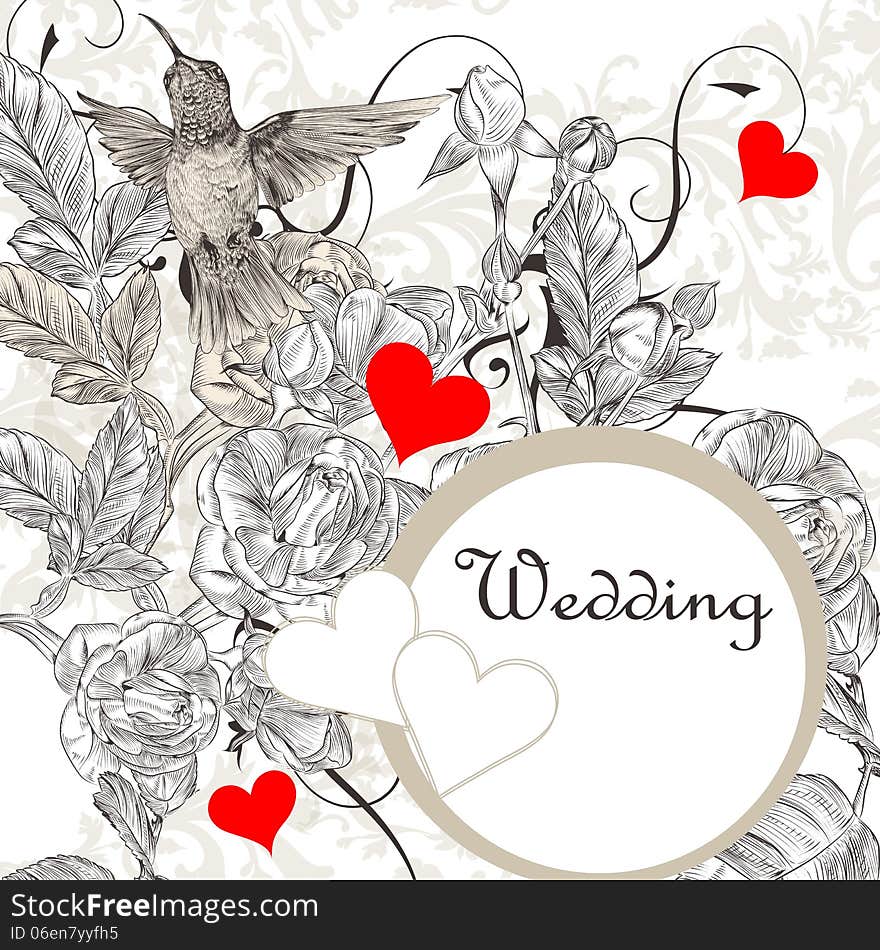 Elegant  wedding invitation card with roses and bird