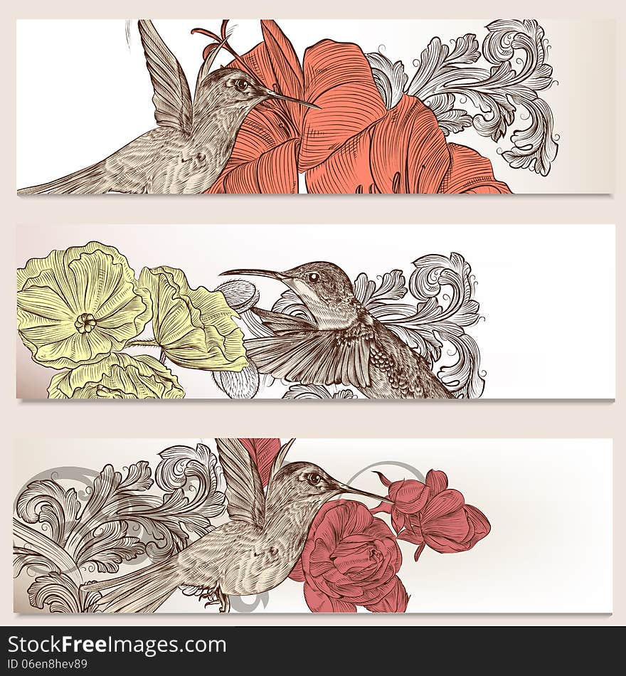 Floral Business Cards Set With Birds For Design