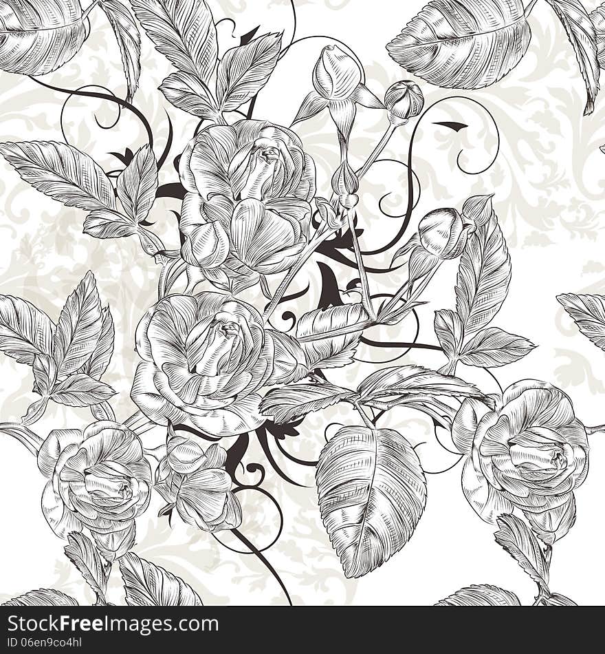 Vector seamless wallpaper pattern with roses flowers