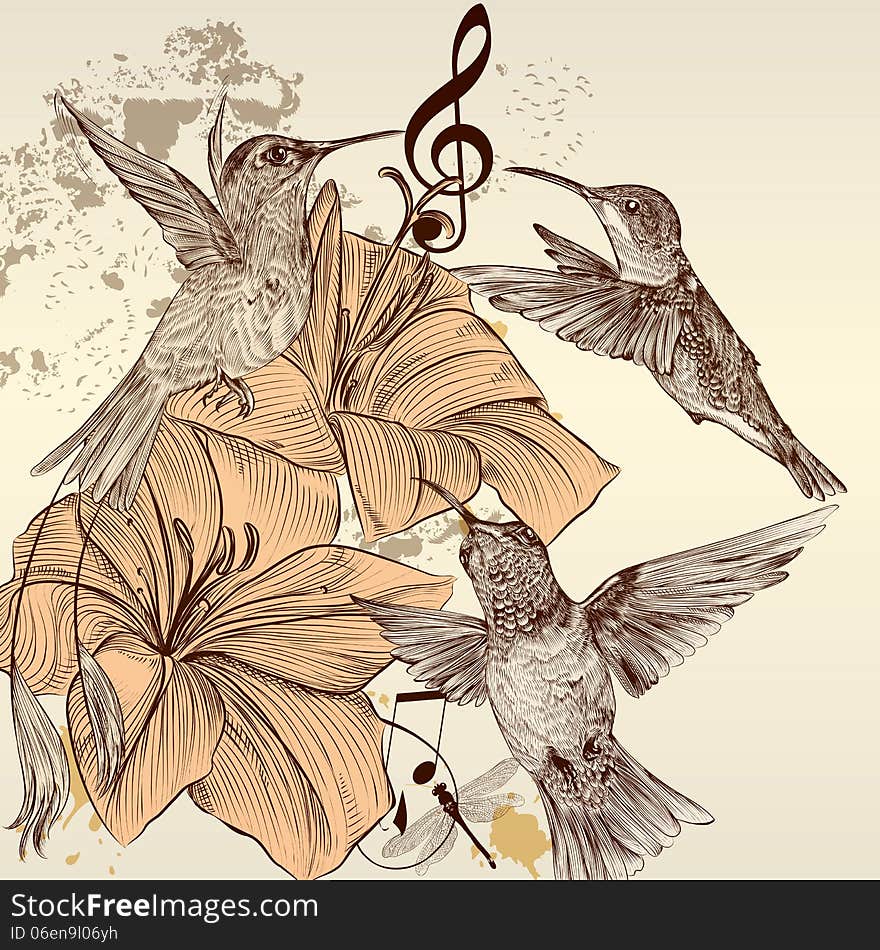 Cute background in vintage style with hand drawn birds. Cute background in vintage style with hand drawn birds