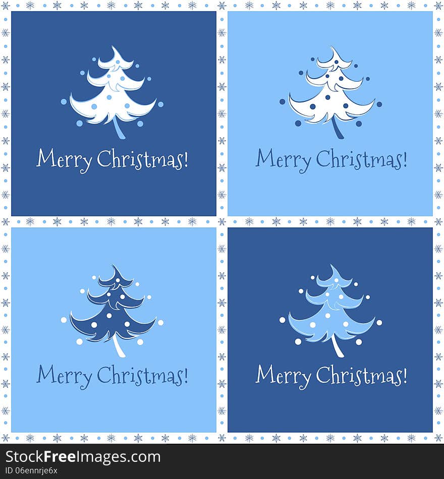 Funny christmas tree four variations in blue. Funny christmas tree four variations in blue