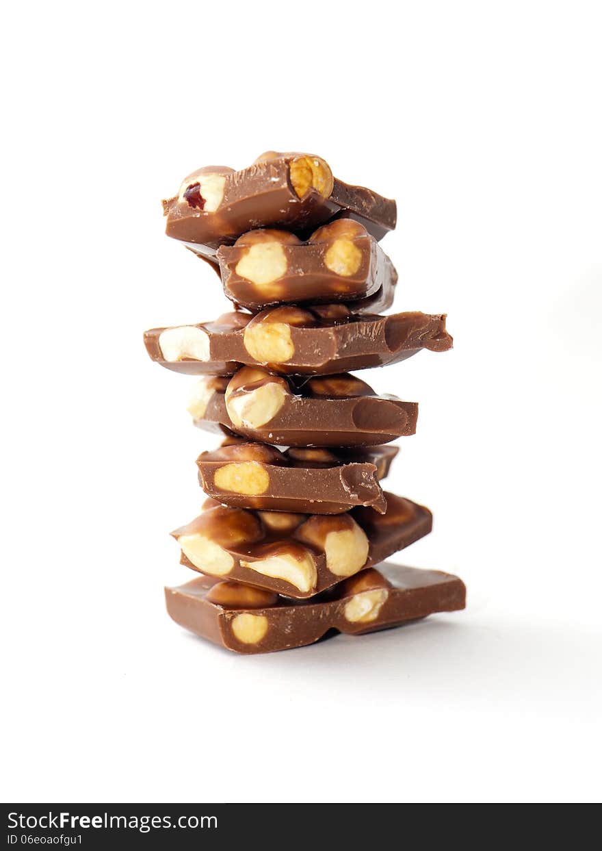 Chocolate with nuts  on white background