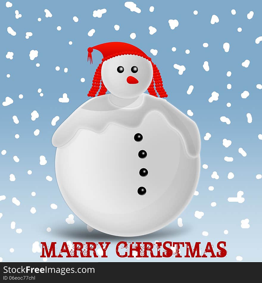 Snow man with red cap on blue background having snow fall.