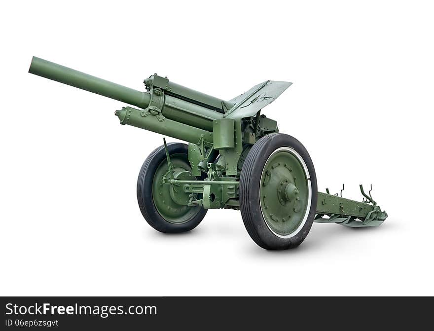 Old green cannon isolated on a white background