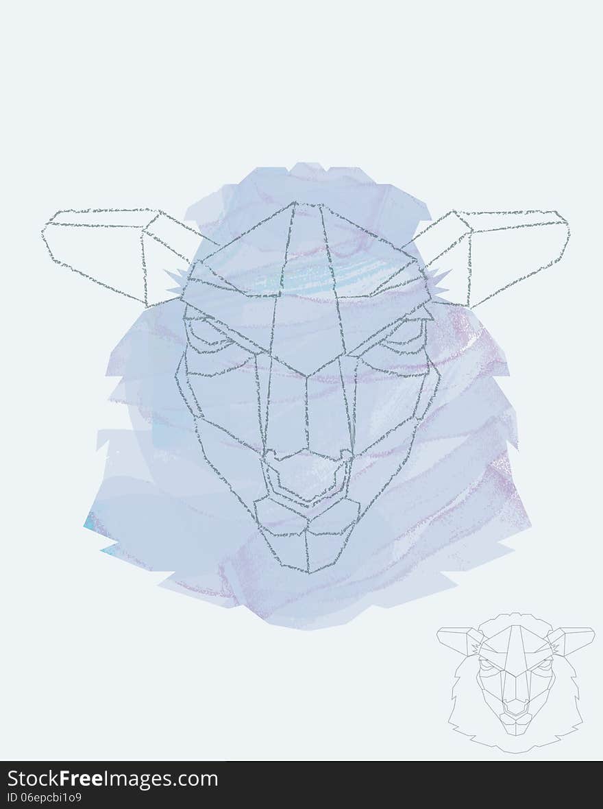 Sheep depiction in geometric style, watercolor underneath