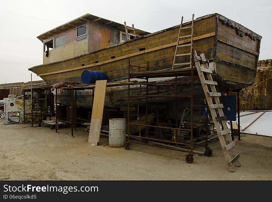 Wood ship in a Shipyard wighting for recondition Jaffa Tel-Aviv,israel.