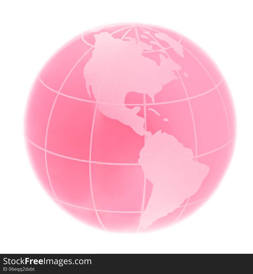 Red glass globe focusing on North America and South America isolated on white background.