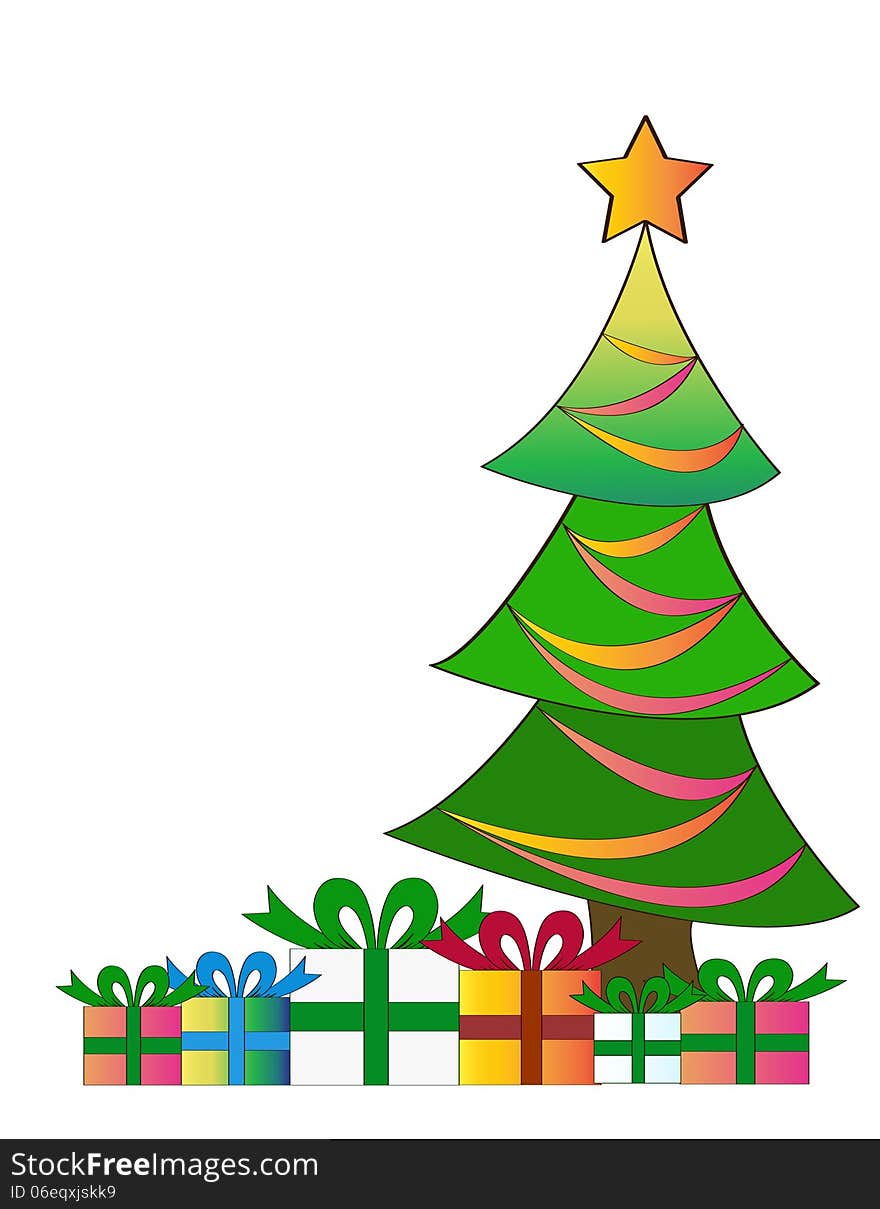 Illustration of a Christmas pine tree with many presents on his foot, on isolated background. Illustration of a Christmas pine tree with many presents on his foot, on isolated background.