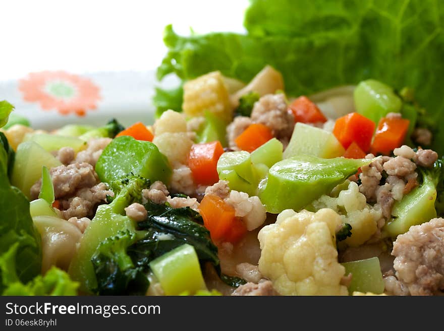 Stir-fried Fresh rice-flour noodles with pork and vegetable in thick sauce. Stir-fried Fresh rice-flour noodles with pork and vegetable in thick sauce