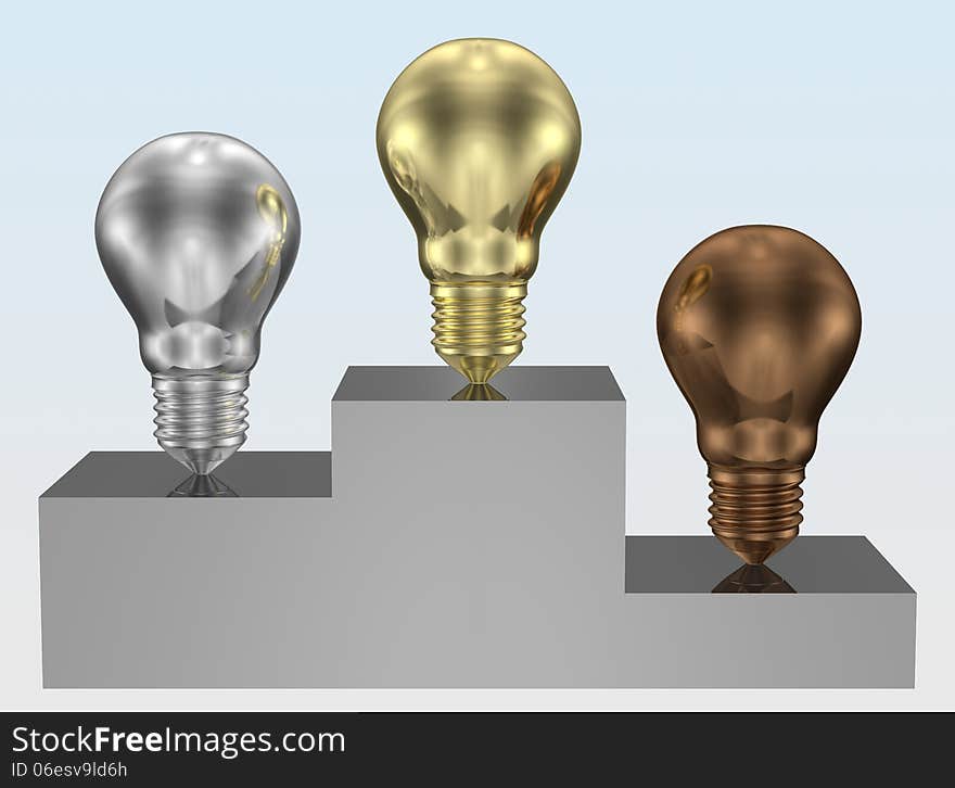 Golden, silver and bronze light bulbs on pedestal