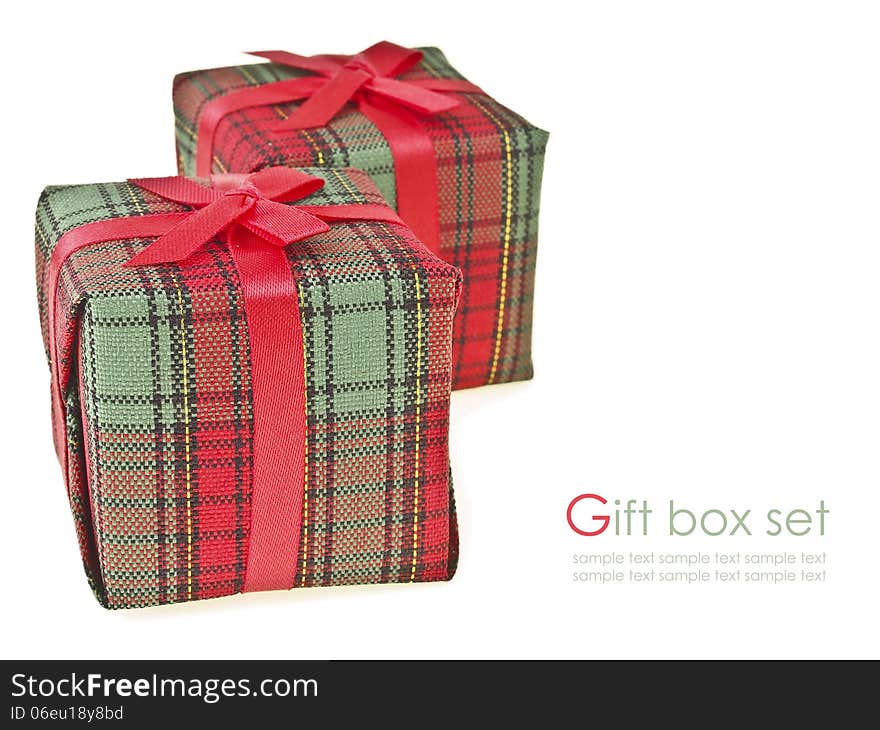 Arrange of two red gift box with text space on white background. Arrange of two red gift box with text space on white background