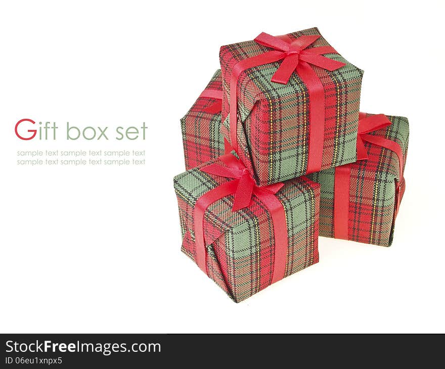 Pile of decorate red box on white background and text space. Pile of decorate red box on white background and text space