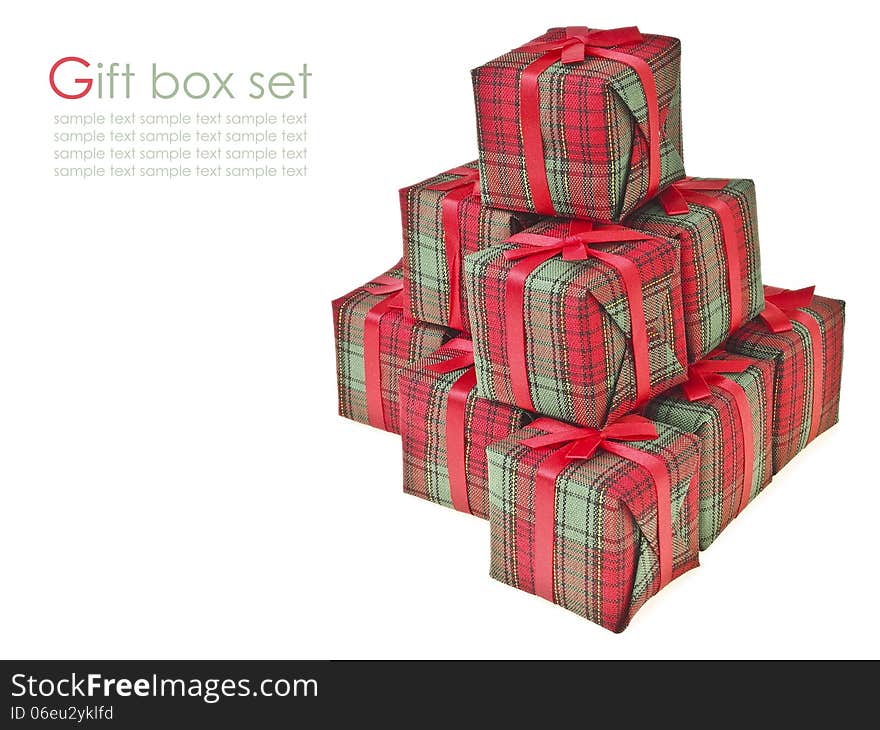 Sequence pile of decorate red box on white background and text space. Sequence pile of decorate red box on white background and text space