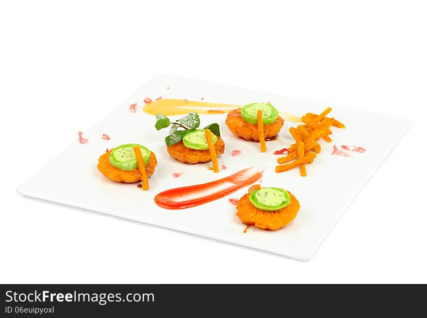 Japanese dessert Mochi with sliced mandarines served on plate