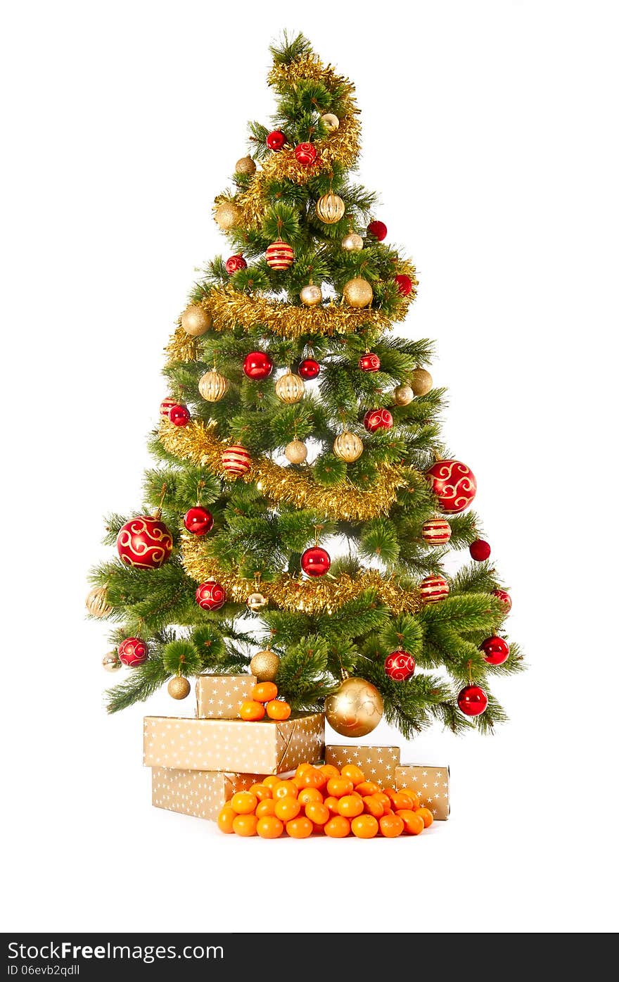 Christmas tree with gifts and presents and mandarines, isolated on white. Christmas tree with gifts and presents and mandarines, isolated on white