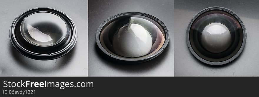 Three different views of convex front lens of photo objective. Three different views of convex front lens of photo objective