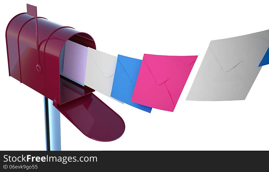 Red mailbox with mails. Isolated on white.