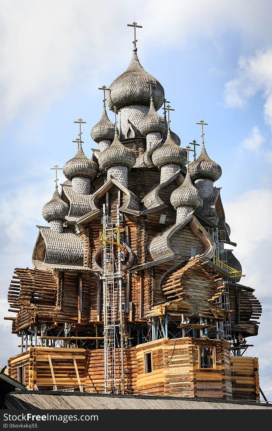 Antique wooden Church of Transfiguration at Kizhi island in Russia under reconstruction. Antique wooden Church of Transfiguration at Kizhi island in Russia under reconstruction