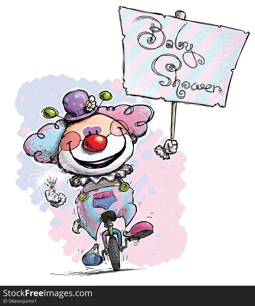 Cartoon-Artistic illustration of a Clown on Unicle Hoding a Baby Shower Plackard. Cartoon-Artistic illustration of a Clown on Unicle Hoding a Baby Shower Plackard