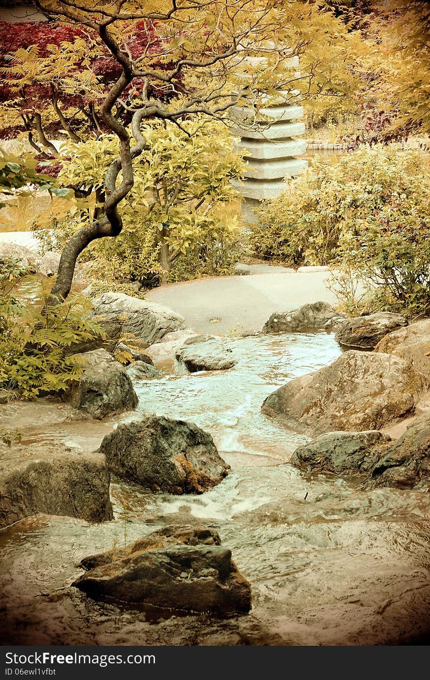 Japanese garden pagoda autumn retro style background