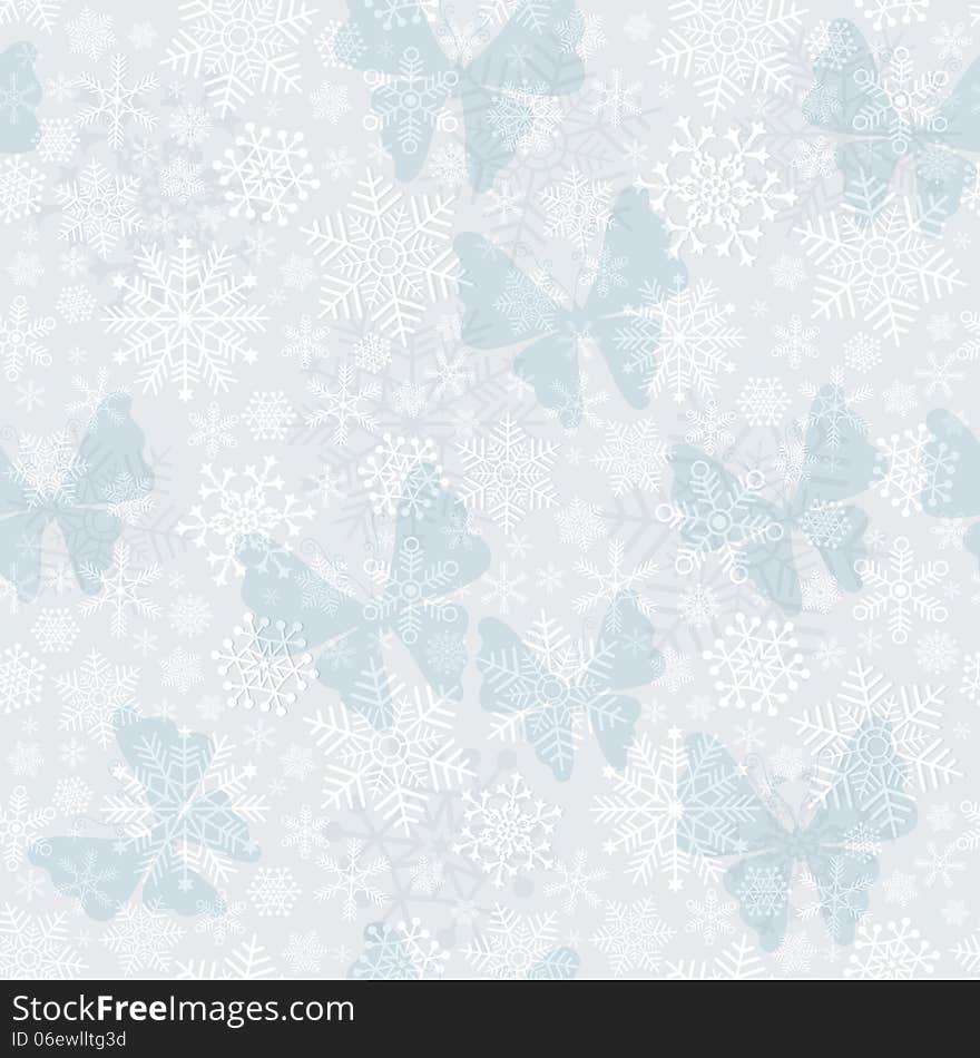 Seamless silvery Christmas pattern with snowflakes and butterflies (vector eps 10)