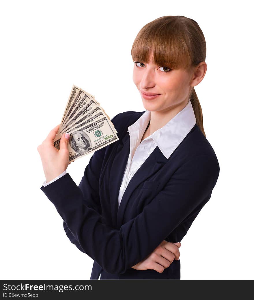 Happy business woman holding cash dollars in the hands of welcoming smile. The concept of finance success. Isolated, space for text