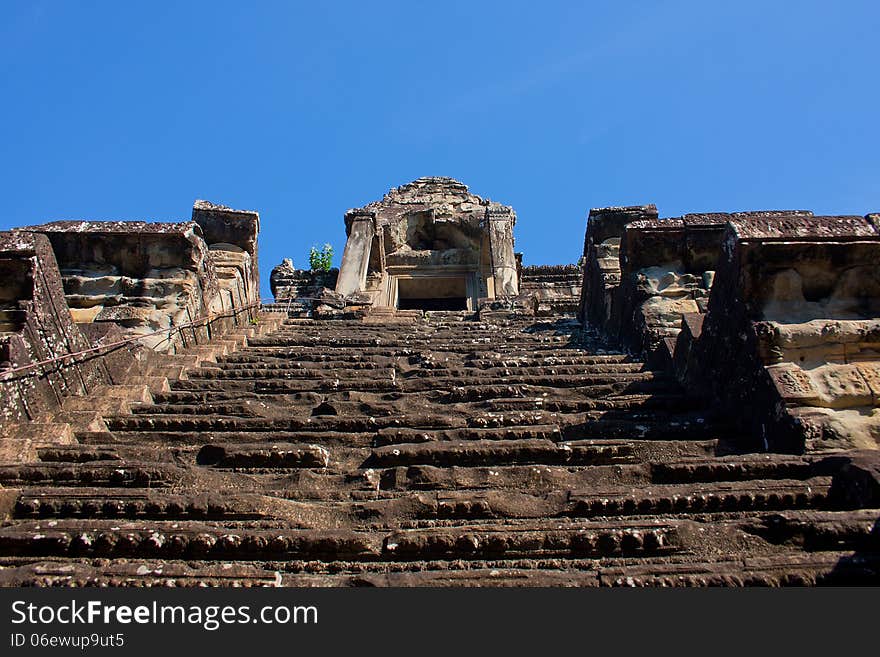 Very high stairs in Angor wat temple in Cambodia