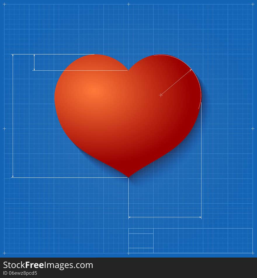 Heart symbol like blueprint drawing. Stylized drafting of gift sign on blueprint paper. Vector illustration for holiday, packaging supplies, gift wrapping, packaging