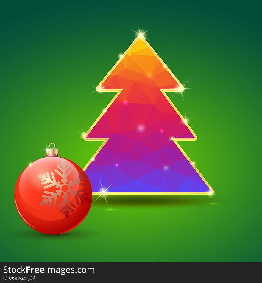 Greeting with Christmas tree and ball on green background with festive lights