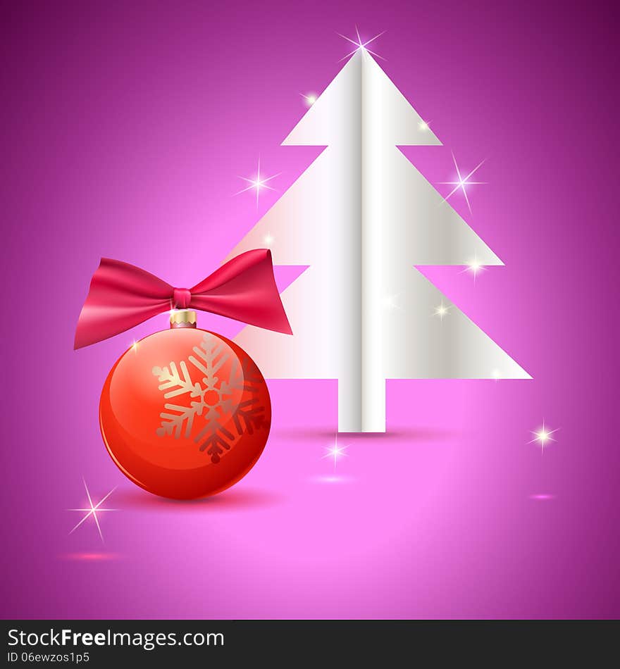 Christmas tree and ball on green background