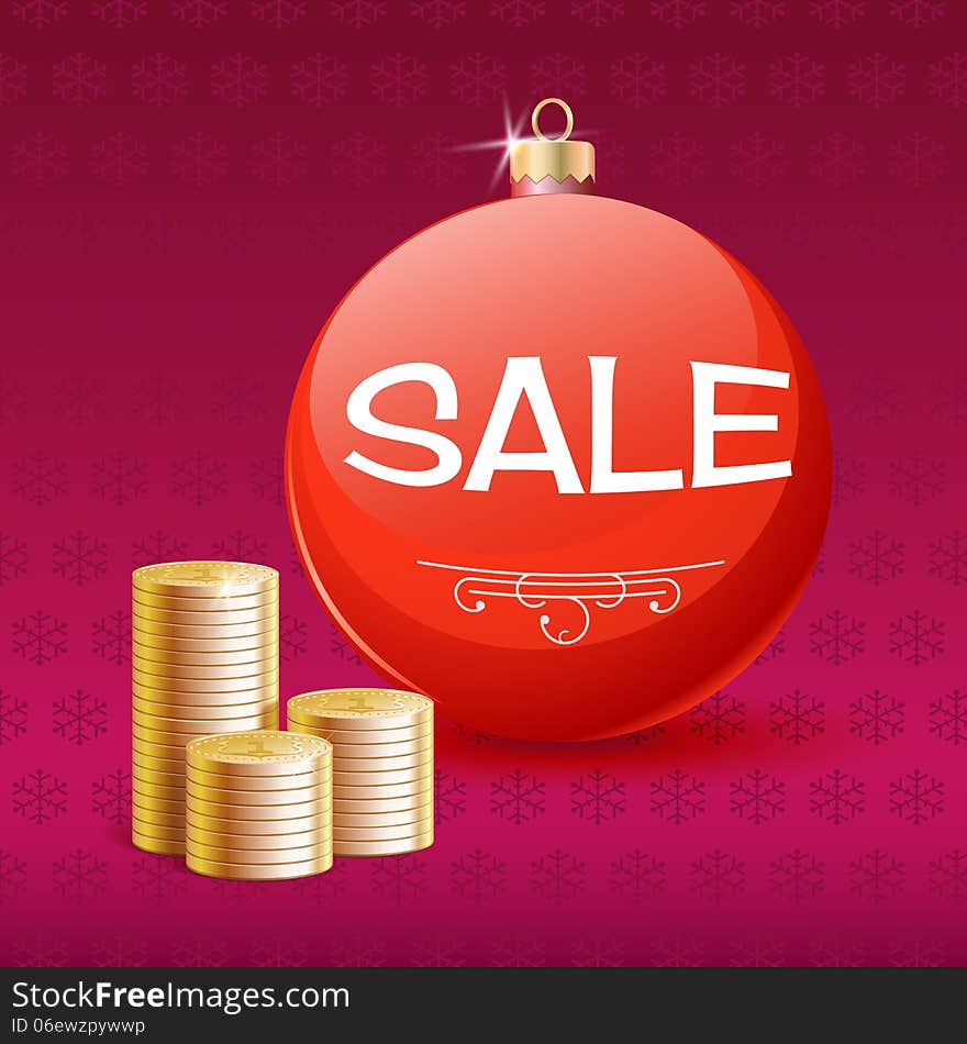 Gold coins and Christmas sale ball. Christmas and New Year Sale poster.