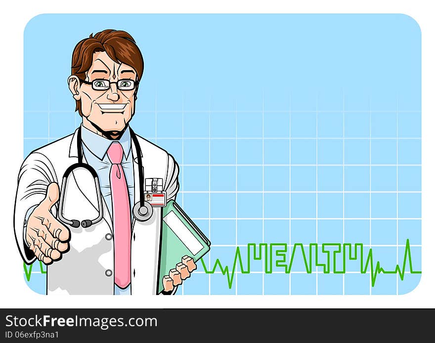 Illustration of friendly male doctor. On the background there is space for your text. Available in vector EPS format. Illustration of friendly male doctor. On the background there is space for your text. Available in vector EPS format.