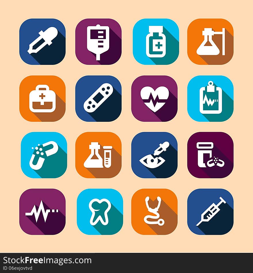 Long Shadows Medical Vector Icons Set. Long Shadows Medical Vector Icons Set.