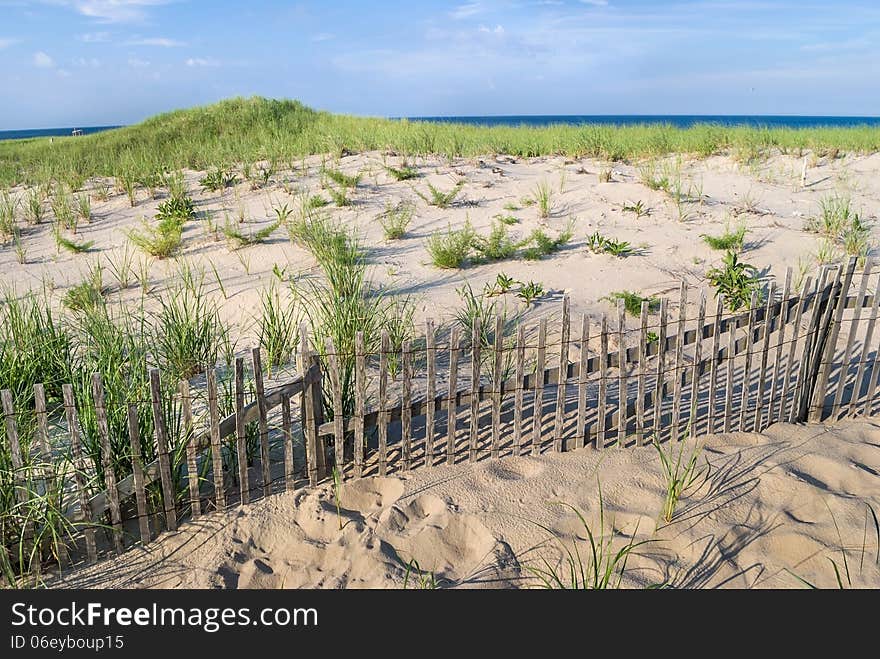 A fence along the sand dunes at Nobska Beach on Cape Cod in Massachusetts. A fence along the sand dunes at Nobska Beach on Cape Cod in Massachusetts.