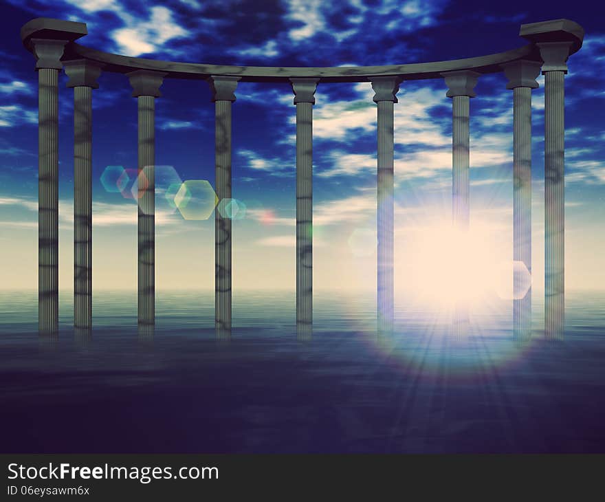 Ancient pillars against blue sky in the water. Ancient pillars against blue sky in the water.