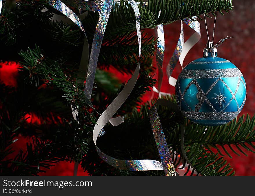 Blue ball on christmas tree close up