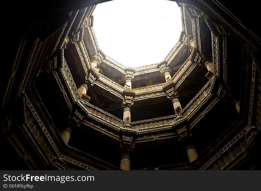 Down to up side view of a Heritage Building of Adalaj Step-well