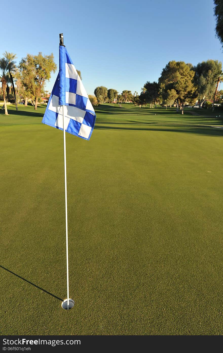 Eye level view of a golf green with a checkered flag. Eye level view of a golf green with a checkered flag