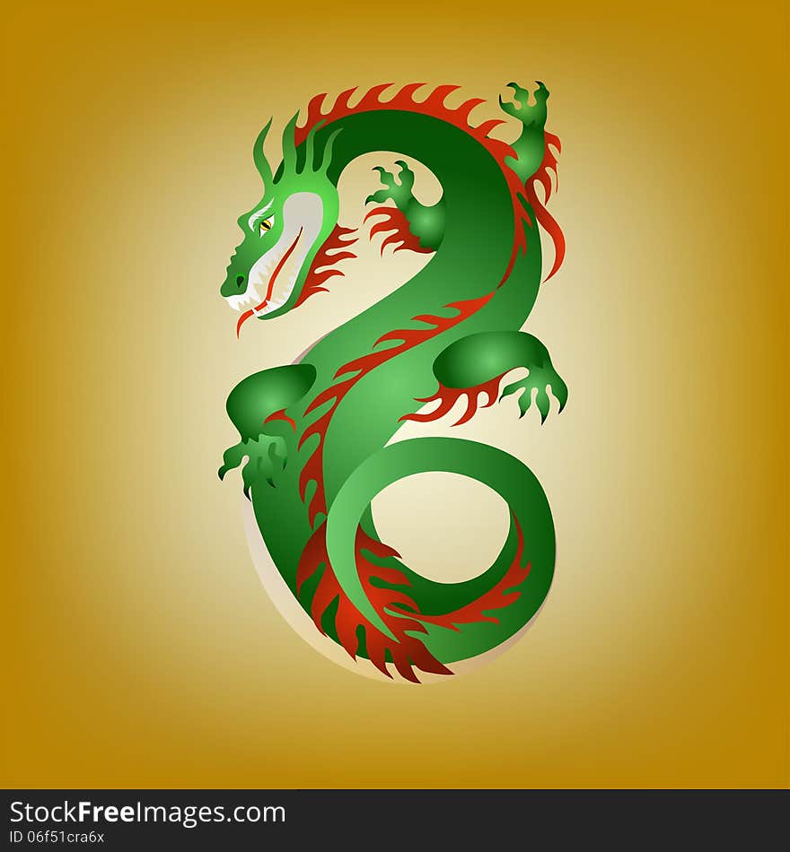 Fantastic green dragon with red mane on a golden background