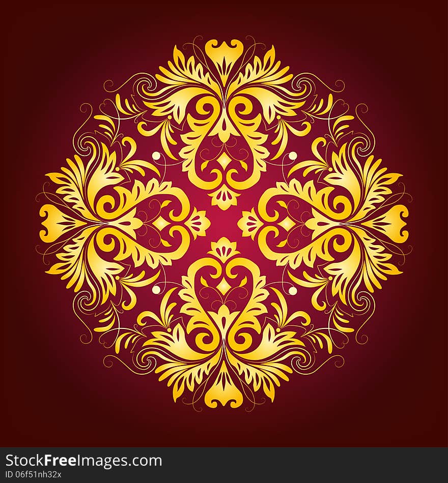 Filigree floral pattern on a dark red background. Filigree floral pattern on a dark red background.