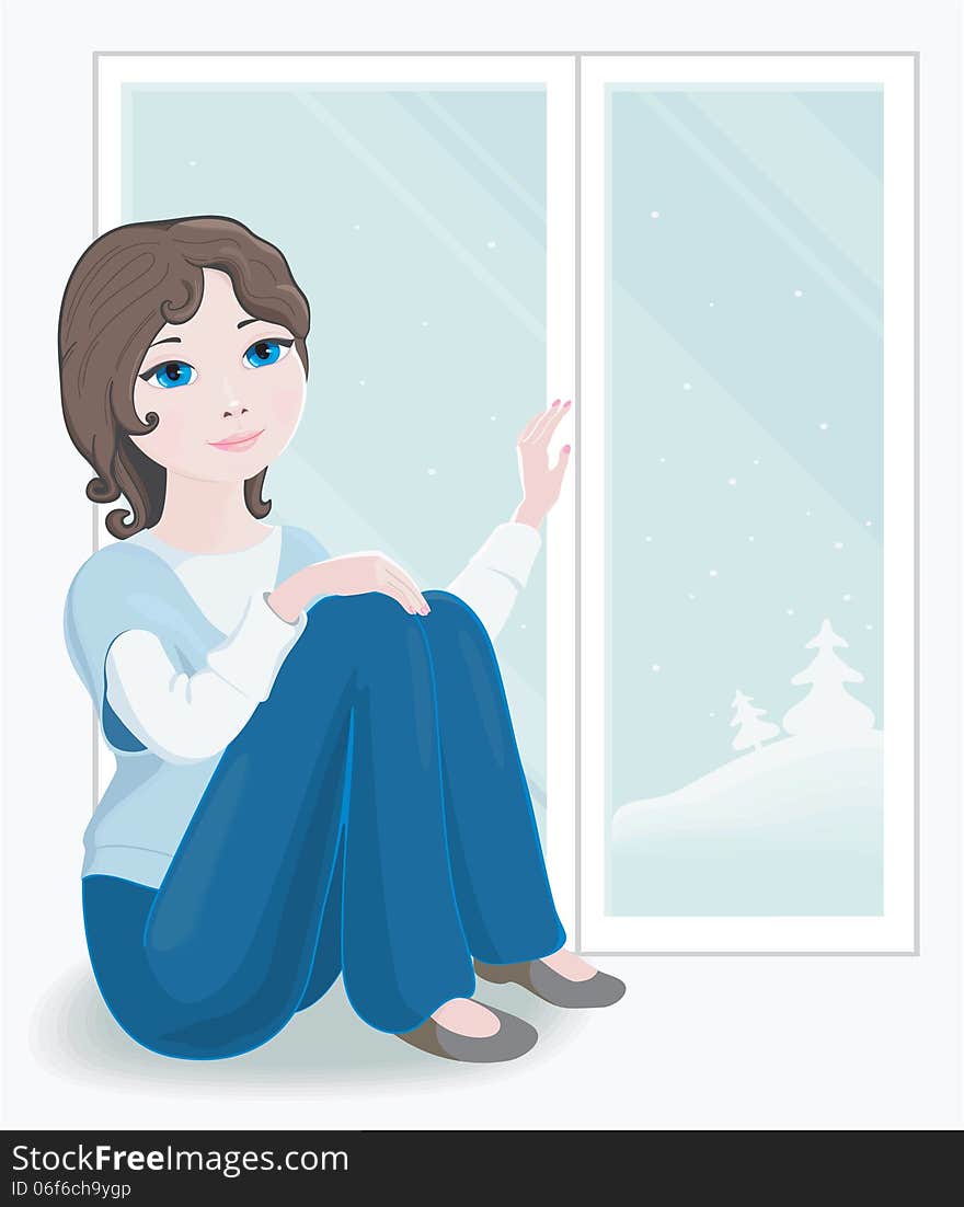 Young woman sitting on the window and touches plastic frame. Outside the window, cold, and warm inside. Young woman sitting on the window and touches plastic frame. Outside the window, cold, and warm inside.