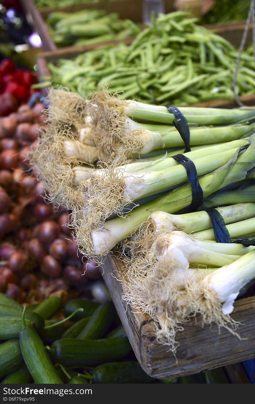 Young garlic on the counter vegetables