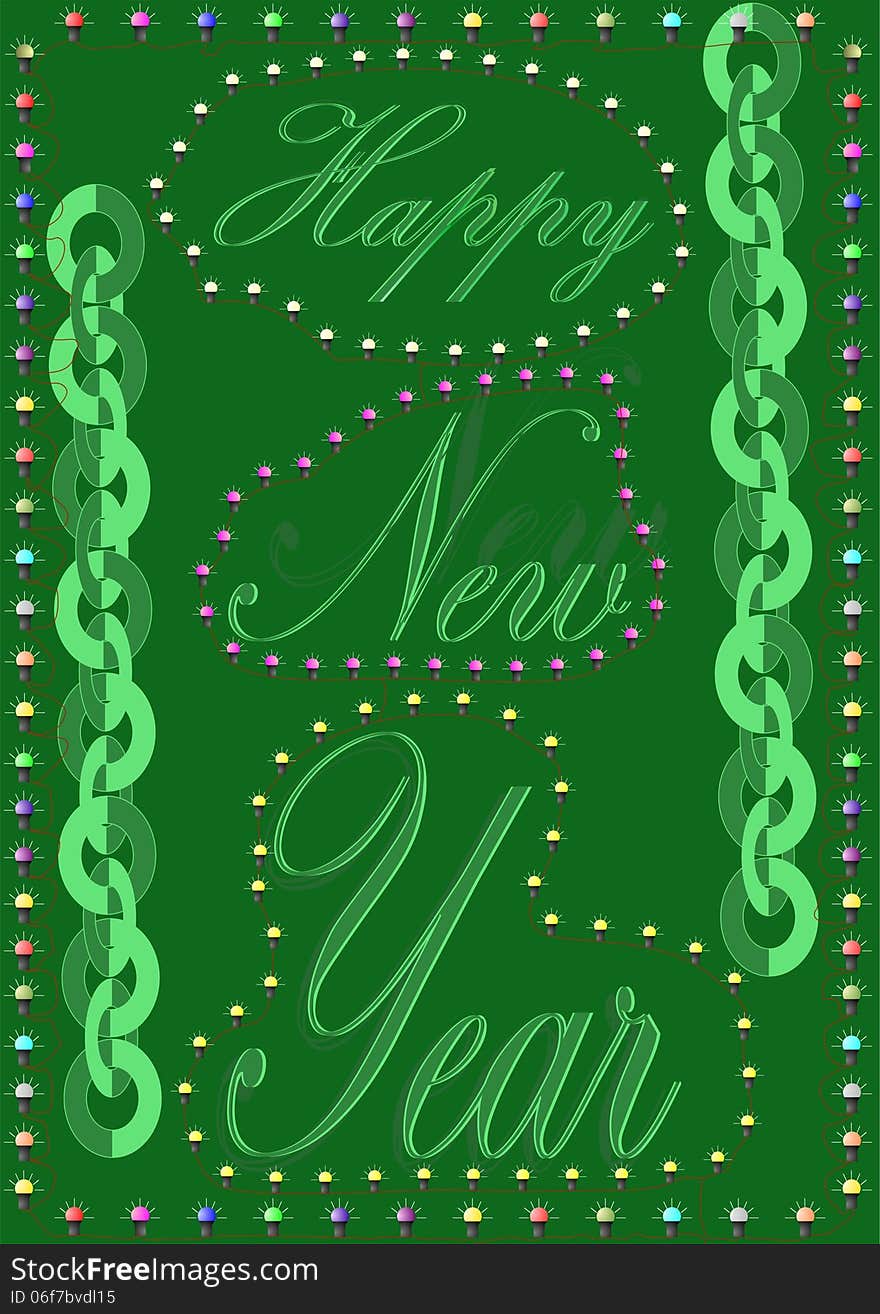 Happy New Year and Merry Christmas on a green background framed by light bulbs. Happy New Year and Merry Christmas on a green background framed by light bulbs.