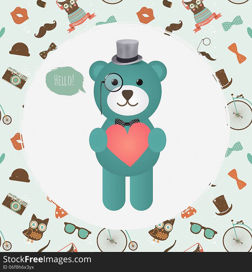 Vector Hipster Bear holding Heart greeting card design. Vector Hipster Bear holding Heart greeting card design