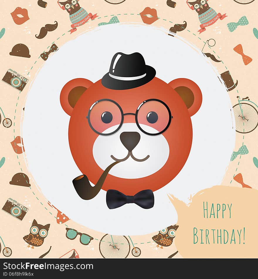 Vector Hipster Bear Head greeting card design vector illustration. In Textured Frame and Hipster Pattern. Vector Hipster Bear Head greeting card design vector illustration. In Textured Frame and Hipster Pattern