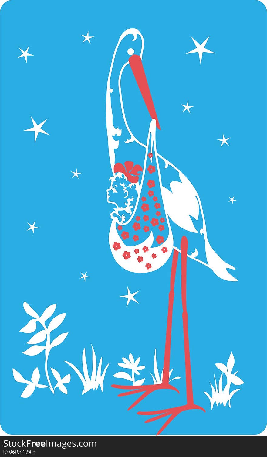 Stork with a bow and girl baby silhouettes. Stork with a bow and girl baby silhouettes