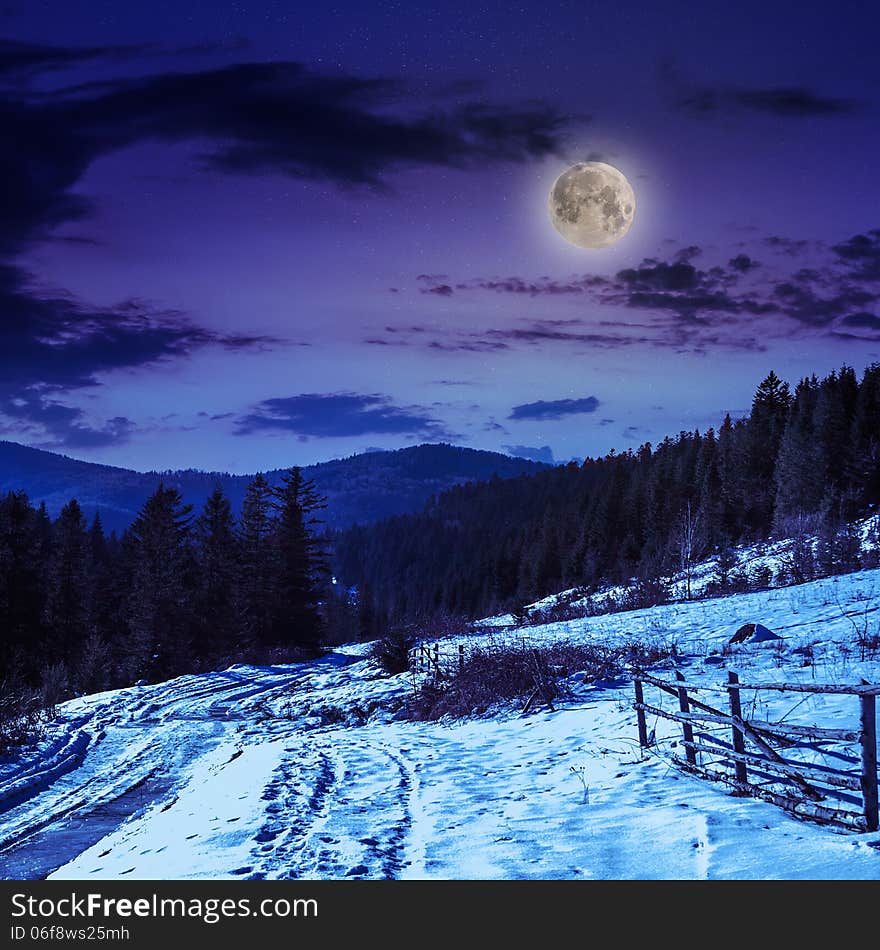 Fence by the road to forest in the mountains on a cold winter night. Fence by the road to forest in the mountains on a cold winter night