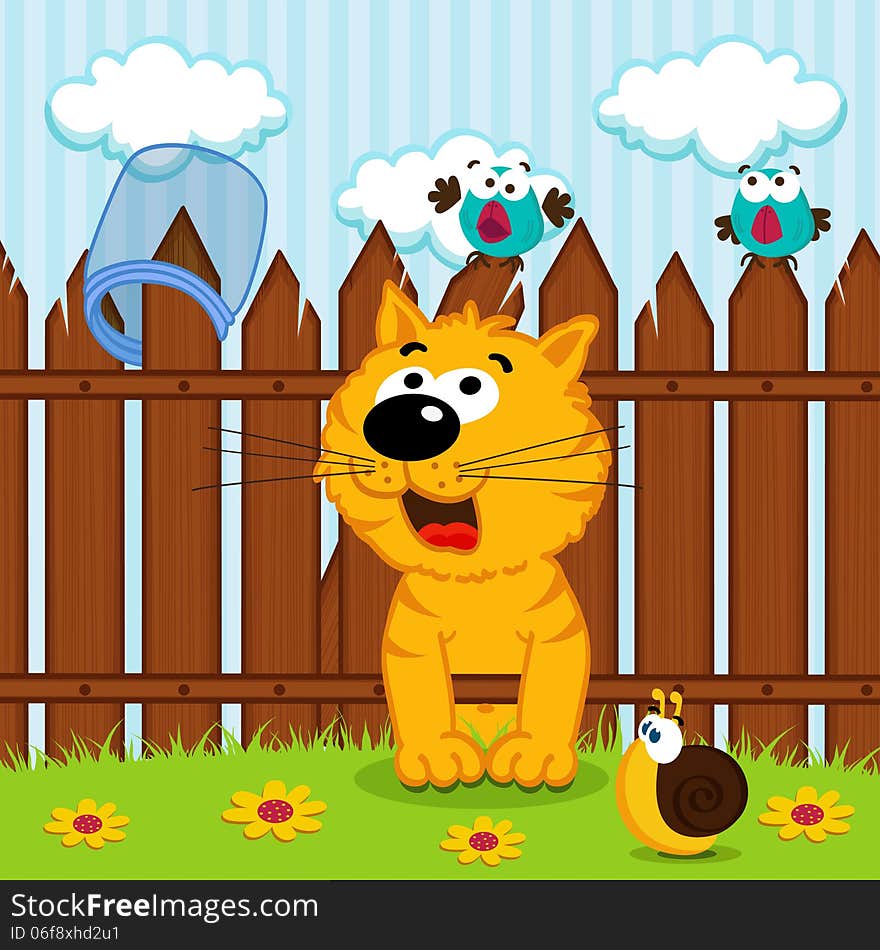 Kitten passes through the wooden fence - vector illustration